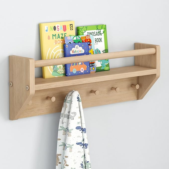 Max & Lily Wall Shelf with Pegs, 24 Inch Floating Bookshelf for Kids Room, Solid Wood Wall-Mounted Storage Shelf with Hooks for Backpacks, Jackets & Décor, Blonde