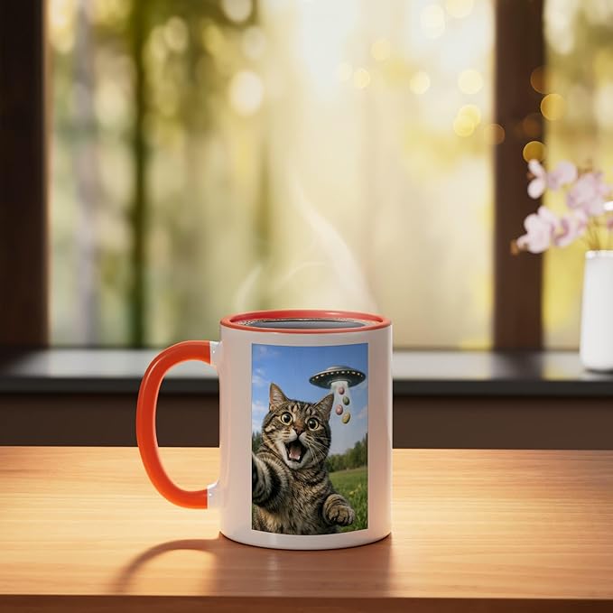 Funny Cat Selfie with Easter Eggs UFO for Men Women Kids Ceramic Mug, Orange/White