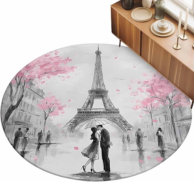 Washable Round Area Rug Vintage Towel Couple Pink Flower Circle Rugs Floor Carpet for Living Room Bedroom, Watercolor Modern City Scene Soft Non Slip Round Rug 3ft