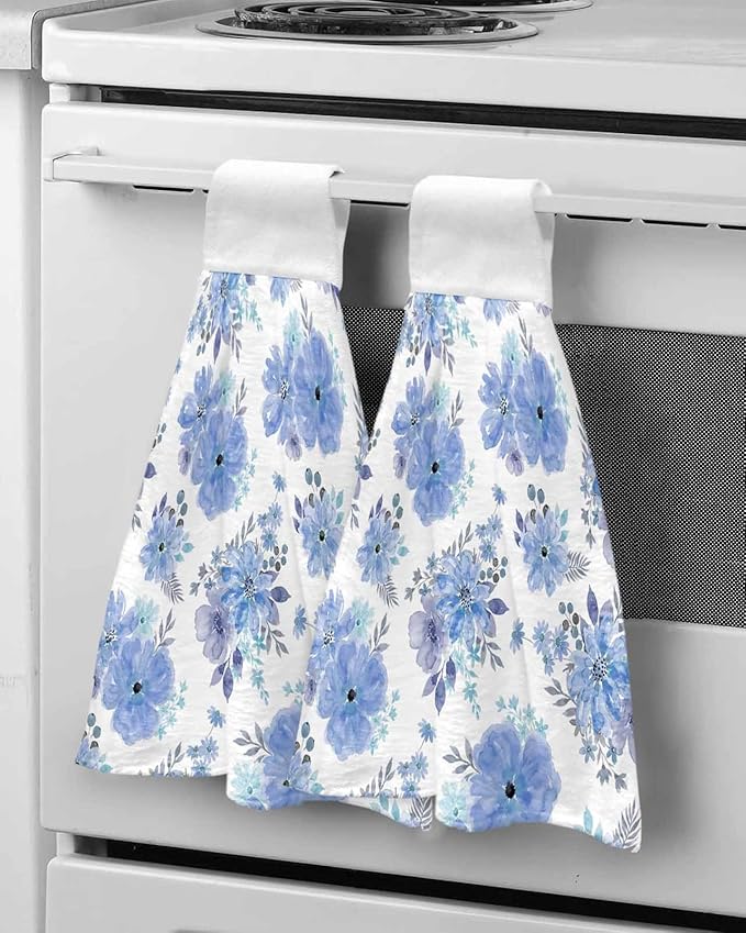 Alandar Home Kitchen Tie Towel Set of 1, Watercolor Spring Flowers Absorbent Soft Hand Towels for Bathroom Hanging Towels, Purple Floral Art Fast Drying Cleaning Cloth with Loop
