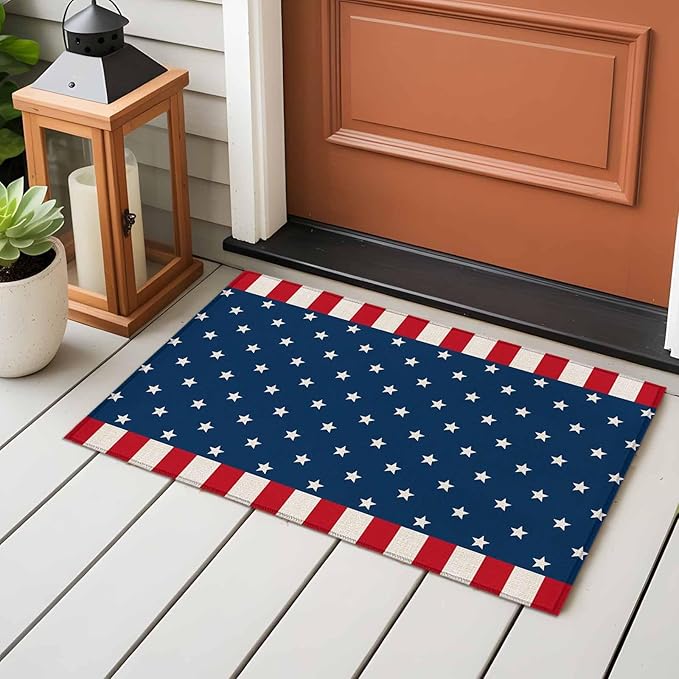 Area Rug 2x3ft, American Independence Day Washable Rugs for Living Room Bedroom, USA Stars on Blue Red White Border Soft Non-Slip Area Rugs Rectangle Floor Carpet for Dining Room