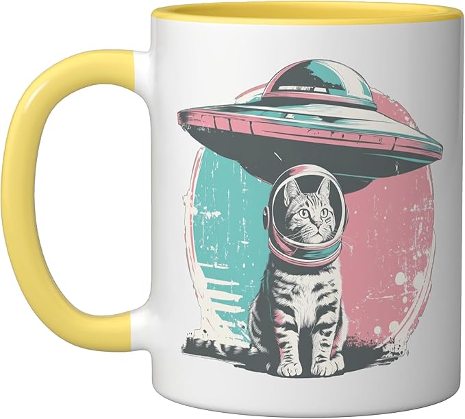 Retro UFO Cat Astronaut Alien Sci Fi Space Funny Pastel Ceramic Mug, Yellow/White