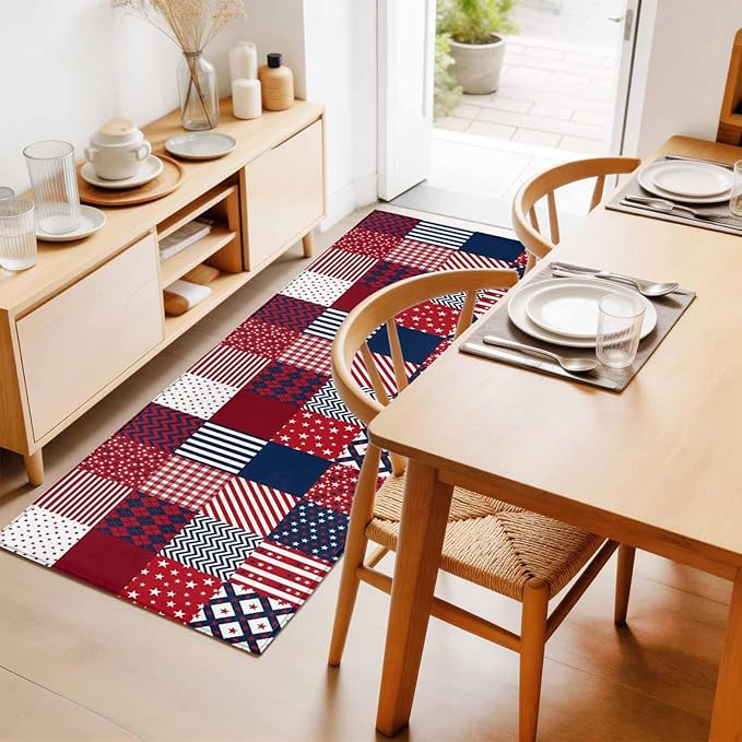 Runner Rug for Bedroom Hallway, Abstract Splicing Stars Stripes Kitchen Runner Rugs Area Rug 2x6ft, Independence Day Red Blue White Washable Soft Floor Carpet for Entryway Stair