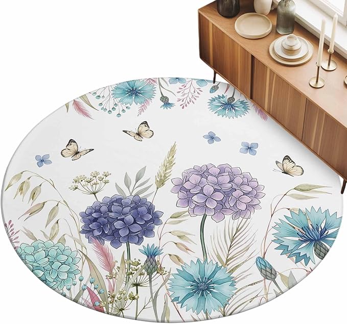 Washable Round Area Rug Spring Flower Thistle Hydrangea Circle Rugs Floor Carpet for Living Room Bedroom, Wild Garden Floral Butterfly Soft Non Slip Round Rug 3ft