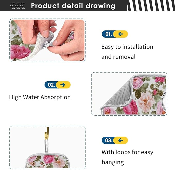 Kitchen Faucet Absorbent Mat,Pink Rose Flower Floral Water Splash Guard for Sink, Faucet Drip Catcher Thicken Sponge Microfiber Faucet Water Catcher Mat Sink Absorbent Mat for Kitchen 14x5in 2 Pack