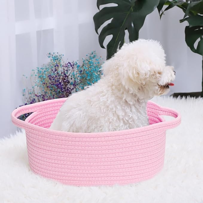 ABenkle Small Basket, 12"x 8" x 5" Cute Small Woven Basket, Rope Room Shelf Storage Basket, Cat Dog Toys Basket Chest Box, Decorative Empty Gift Basket with Handles - All PInk