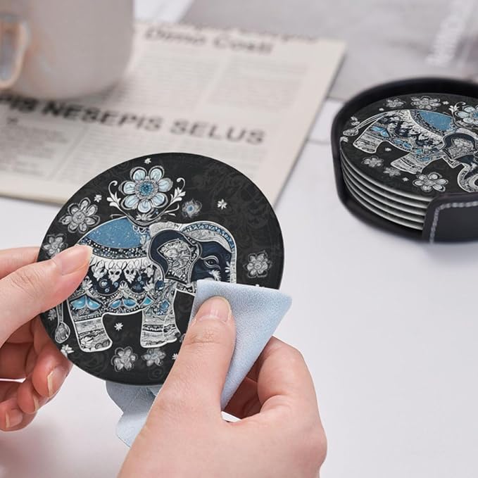 Famame 6 Pcs Ethnic Floral Elephant Leather Coasters for Drinks with Holder Coaster Sets Drink Table Cup Coasters for Living Room Kitchen Coffee Decor