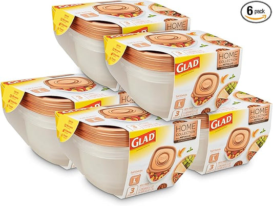 Glad GladWare Home Collection Tall Entree Food Storage Containers with Copper Metallic Lids, Large Square No BPA Plastic for Meal Prep and Lunches, Lock Tight Seal, 42 Oz, 3 Count - 6 Pack