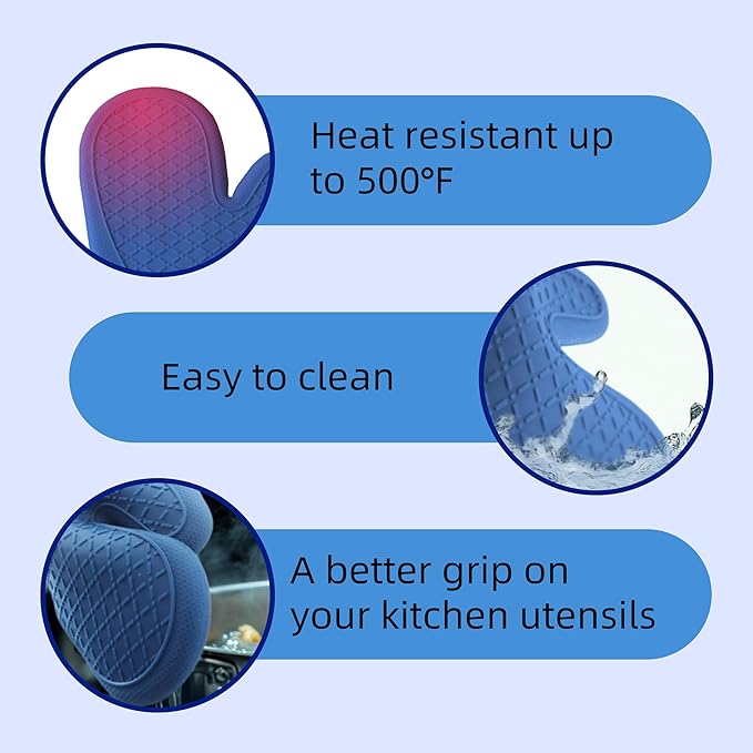 Pair of 2 Heat-Resistant Silicone Oven Mitts – Extra Long, Non-Slip Grip, Soft Cotton Lining, Perfect for Baking, Cooking & BBQ – 13” x 7” Kitchen Gloves (Blue Flora)