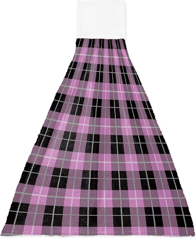 Alandar Home Kitchen Tie Towel Set of 1, Vintage Purple Black Tartan Plaid Absorbent Soft Hand Towels for Bathroom Hanging Towels, Retro Geometric Art Fast Drying Cleaning Cloth with Loop