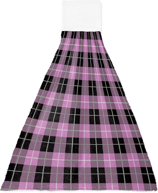 Alandar Home Kitchen Tie Towel Set of 1, Vintage Purple Black Tartan Plaid Absorbent Soft Hand Towels for Bathroom Hanging Towels, Retro Geometric Art Fast Drying Cleaning Cloth with Loop