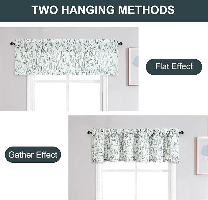 Leeva Farmhouse Leaves Print Semi-Blackout Curtains Valances - Rod Pocket Valance for Kitchen, Laundry, Bedroom & Living Room, 52 x 18 Inch, Blue, One Panel