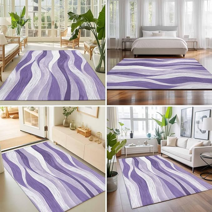 Area Rug 4x6ft, Abstract Lavender Purple White Water Ripples Washable Rugs for Living Room Bedroom, Modern Art Soft Non-Slip Area Rugs Rectangle Floor Carpet for Dining Room
