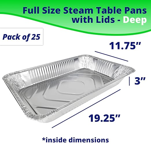 IDL Packaging Full Size Aluminum Steam Table Pans with Lids - Deep, 21" x 13" x 3" (pack of 25) - Disposable Foil Pan for Grilling, Roasting, BBQ, Cooking, Baking, Freezing