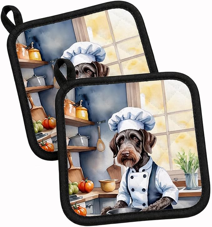 Caroline's Treasures German Wirehaired Pointer The Chef Pair of Pot Holders Kitchen Heat Resistant Pot Holders Sets Oven Hot Pads for Cooking Baking BBQ, 7 1/2 x 7 1/2