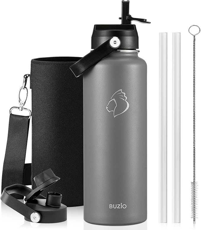 BUZIO Double Wall Stainless Steel Sports Wide Mouth Water Bottle, BPA-Free Flex Cap and Straw Lid, 40 Ounces & 32 Ounces Water Bottle, Graphite