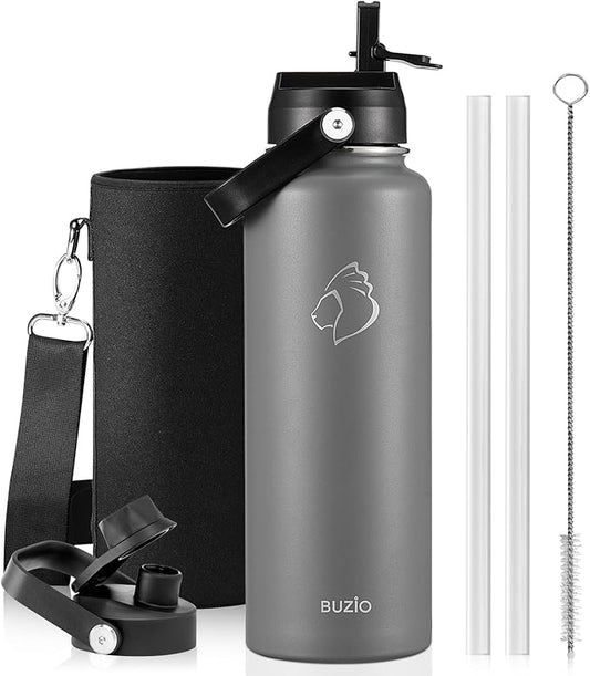BUZIO Double Wall Stainless Steel Sports Wide Mouth Water Bottle, BPA-Free Flex Cap and Straw Lid, 40 Ounces & 32 Ounces Water Bottle, Graphite