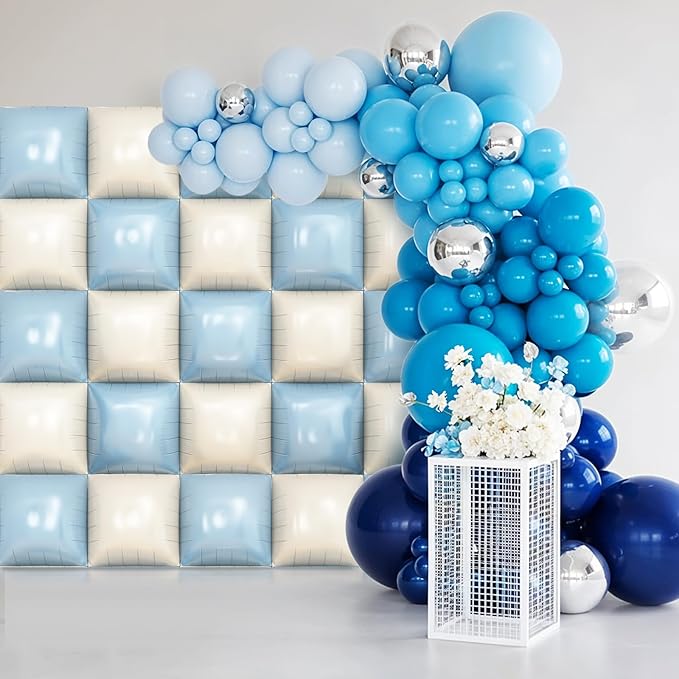 Blue White Square Foil Balloon Wall,25Pcs Double Sided Balloons Backdrop Helium Balloon Tunnel Arch Garland Kit for Birthday Bridal Anniversary Baby Shower Party Decorations
