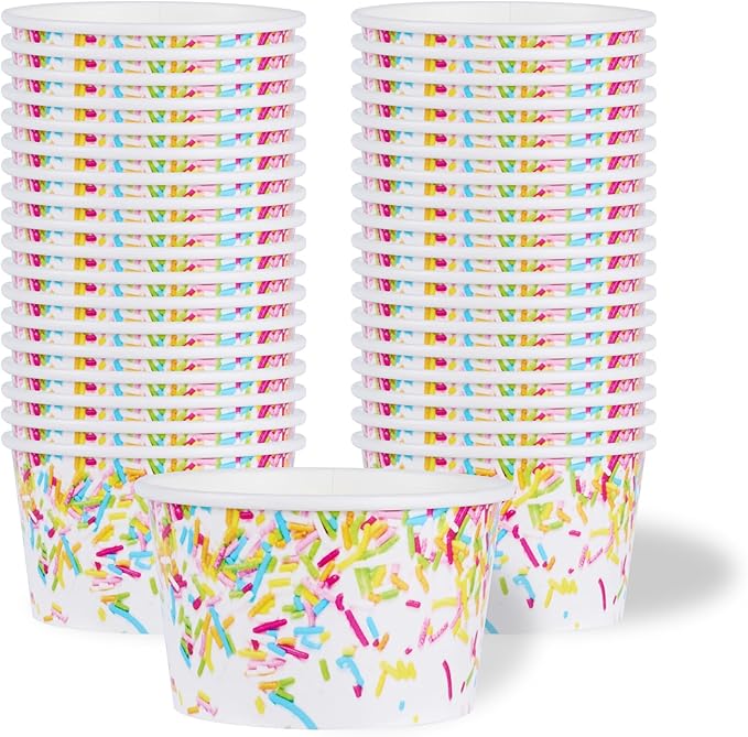 Coppetta 8 Ounce Dessert Cups, 50 Greaseproof Ice Cream Cups - Lids Sold Separately, For Hot And Cold Foods, White Paper Yogurt Bowls, Party Sprinkle Design, Disposable, Sturdy - Restaurantware