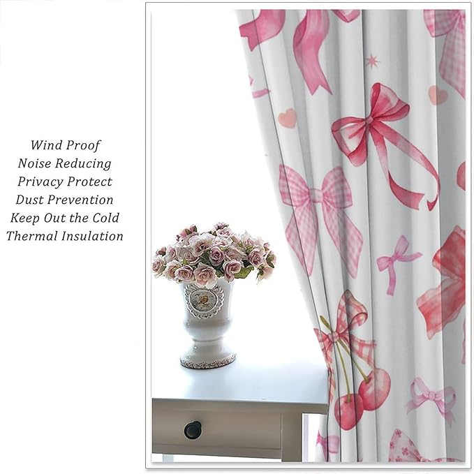 Cherry Blackout Curtain,Pink Bowkont Girl Kids Sweet Aesthetic Fruit Window Treatment Curtains Dining Room Living Room Kitchen Cafe Bedroom Office Drapes,63x72 in