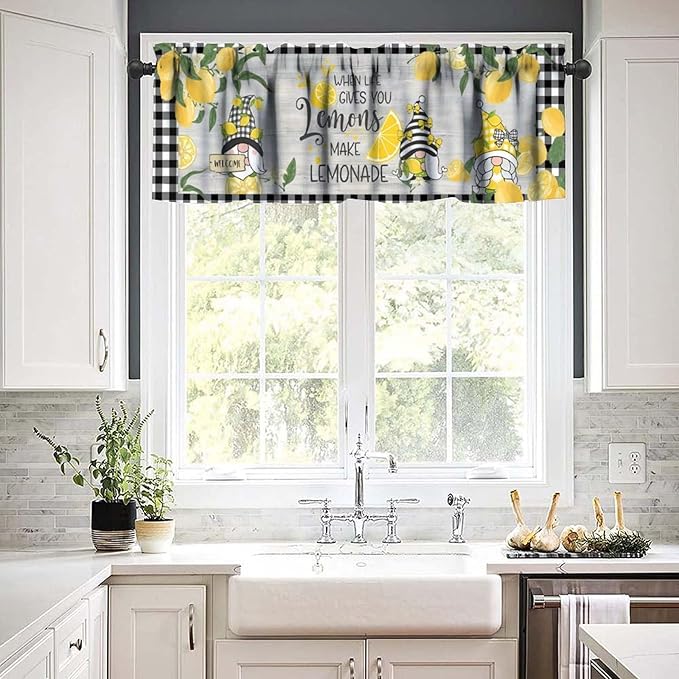 Lemon Gnome Curtain Valance for Kitchen, Yellow Fruit Black White Buffalo Plaid Wooden Farmhouse Decor Window Treatment for Dining Bedroom Living Room Cafe Resturant Home Decoration, 54x18Inch
