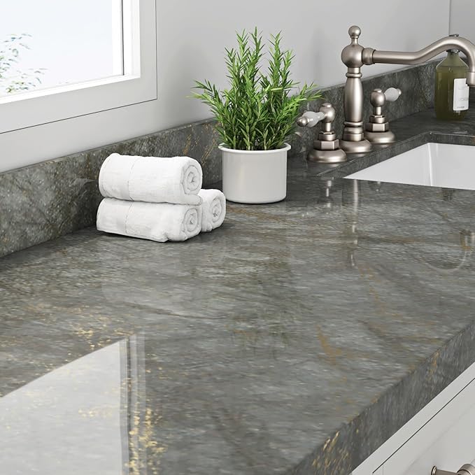 Livelynine Green Countertop Contact Paper for Countertops Peel and Stick Kitchen Wallpaper Dark Green Gold Marble Counter Top Vinyl Wrap for Cabinets Desk Covers Waterproof Bathroom Laminate 15.8x78.8