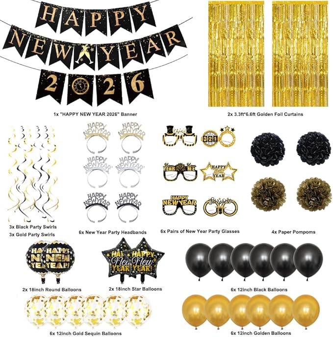 Happy New Year Decorations 2026, New Years Nye Eve Party Supplies Banner, Balloons, Fringe Curtain, Swirls for Party Photography Backdrops, Black Gold