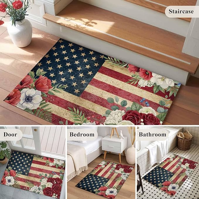 Area Rug 2x3ft, Independence Day 250th Anniversary Washable Rugs for Living Room Bedroom, Vintage USA Flag Floral Soft Non-Slip Area Rugs Rectangle Floor Carpet for Dining Room