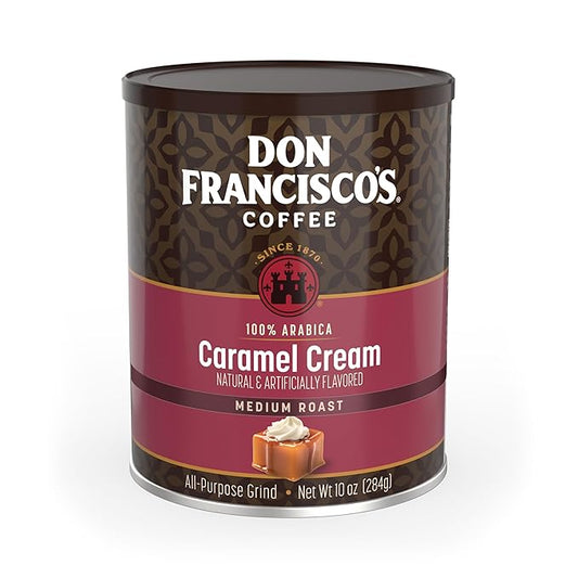 Don Francisco's Caramel Cream Ground Flavored Coffee: Rich, Aromatic 100% Arabica Beans - Expertly Roasted for a Delightful Morning Brew (10 oz Can)