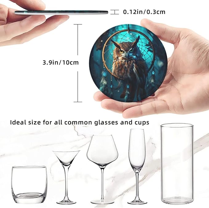 Famame 6 Pcs Owl Vintage Dream Catcher Leather Coasters for Drinks with Holder Coaster Sets Drink Table Cup Coasters for Living Room Kitchen Coffee Decor