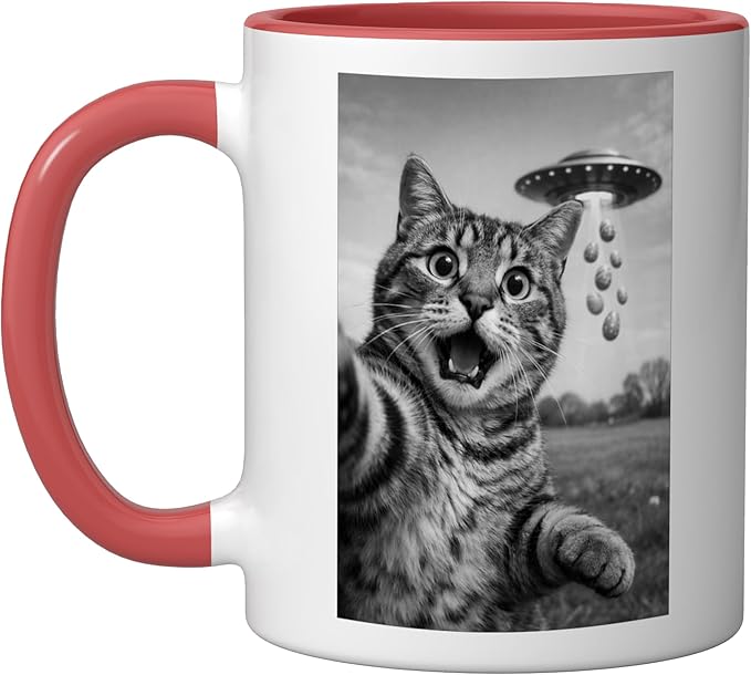Funny Cat Selfie Easter Eggs Alien UFO Abduction Men Women Ceramic Mug, Red/White