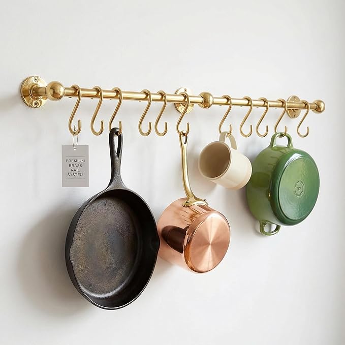 Unlacquered Solid Brass Pot Rail with S Hooks – Wall Mounted Pot Rack Rod for Pots & Pans, Kitchen Organizer, Vintage Brass Hanging Rail (20 inch (6 S-Hooks))