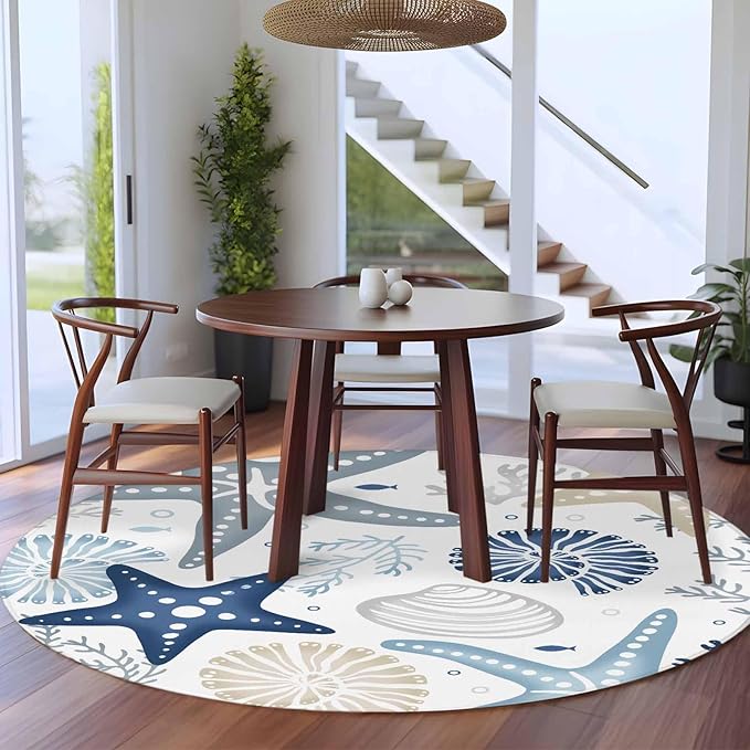 Washable Round Area Rug Ocean Starfish Shell Conch Circle Rugs Floor Carpet for Living Room Bedroom, Sea Blue Coral Seamless Soft Non Slip Round Rug 5ft