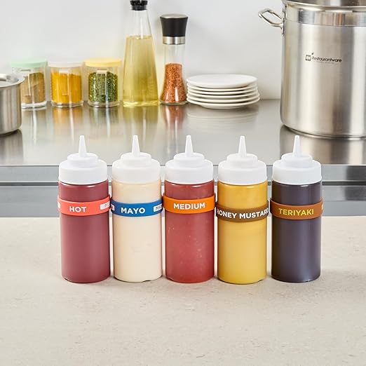 Restaurantware Silicone Squeeze Bottle Band 10 Count 2.75 Inch Dishwasher Safe Condiment Identification Band, Medium Orange Non-Slip Label Band for Condiment Labeling at Restaurants, Food Trucks