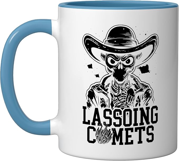 Alien Lover Flying Saucer UFO Extraterrestrial Cowboy Ceramic Mug, Blue/White