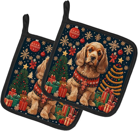 Caroline's Treasures Cocker Spaniel Christmas Pair of Pot Holders Kitchen Heat Resistant Pot Holders Sets Oven Hot Pads for Cooking Baking BBQ, 7 1/2 x 7 1/2