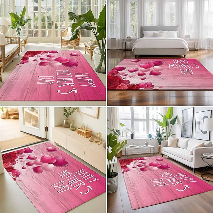 Area Rug 4x6ft, Mother's Day Love Balloon Rose Washable Rugs for Living Room Bedroom, Gradient Pink Wood Grain Soft Non-Slip Area Rugs Rectangle Floor Carpet for Dining Room