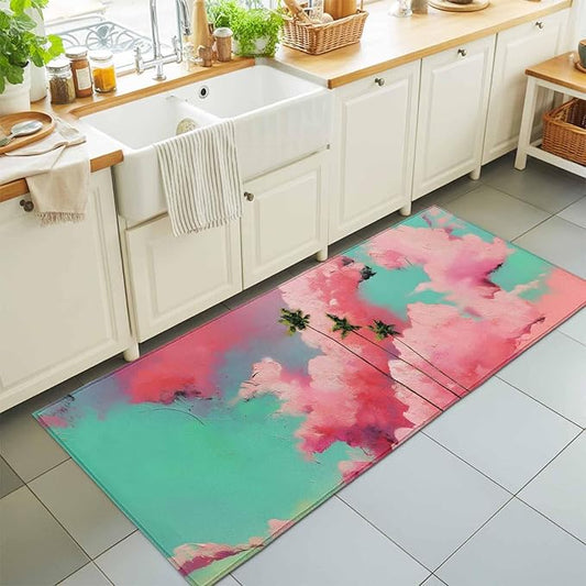 Runner Rug for Bedroom Hallway, Summer Dreamy Pink Cloud Kitchen Runner Rugs Area Rug 2x6ft, Watercolor Tropical Palm Tree Washable Soft Floor Carpet for Entryway Stair