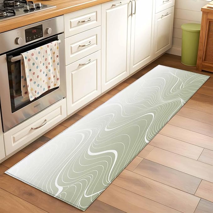 Runner Rug for Bedroom Hallway, Sage Green Wavy Gradient Stripes Kitchen Runner Rugs Area Rug 2x6ft, Geometric Abstract Art Washable Soft Floor Carpet for Entryway Stair