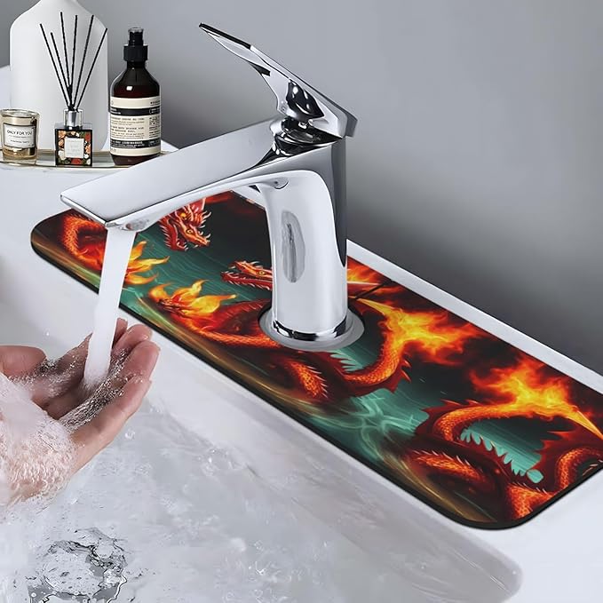 Dragon King in Fire Printed Faucet Absorbent mat, Suitable for bathrooms, Kitchens, and Other Sink Areas.