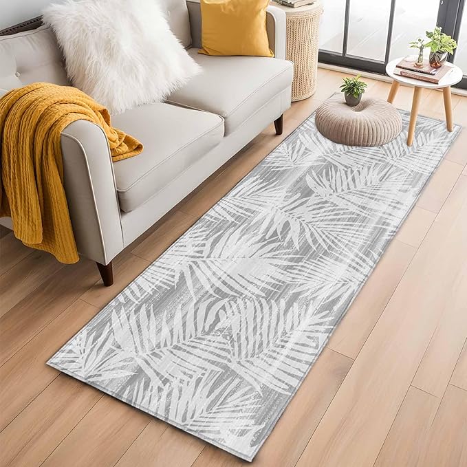 Runner Rug for Bedroom Hallway, Modern Gray Palm Leaves Kitchen Runner Rugs Area Rug 2x6ft, Boho Tropical Leaves Washable Soft Floor Carpet for Entryway Stair