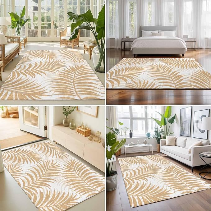 Area Rug 9x12ft, Summer Boho Palms Leaves Washable Rugs for Living Room Bedroom Rectangle Floor Carpet, Vintage Tropical Plants Soft Non-Slip Area Rugs for Dining Room