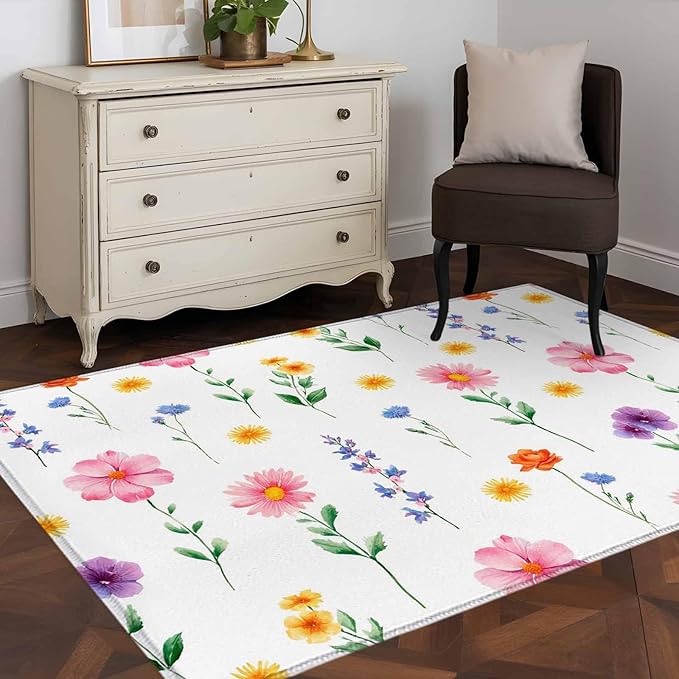 Area Rug 3x5ft, Watercolor Farmhouse Flower Washable Rugs for Living Room Bedroom, Yellow Pink Purple Blue Floral Soft Non-Slip Area Rugs Rectangle Floor Carpet for Dining Room