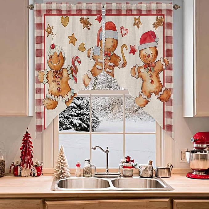 Christmas Swag Valance Curains Watercolor Ginger Bread Man Linen Texture Rod Pocket Kitchen Curtains Scalloped Window Treatment Valances Swag for Living Room Bedroom, 1 Pair, 28"W x 36"L