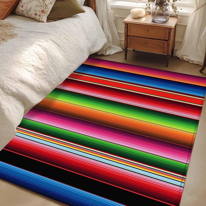 Area Rug 3x5ft, Mexico Art Colorful Stripes Washable Rugs for Living Room Bedroom, Color Gradient Lines Soft Non-Slip Area Rugs Rectangle Floor Carpet for Dining Room
