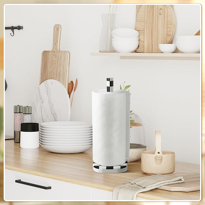 Teenyyou Checkerboard Paper Towel Holder Countertop Wood Standing Paper Roll Holder with Anti Skid Base Black and White Decorative for Kitchen Bathrooms Living Room