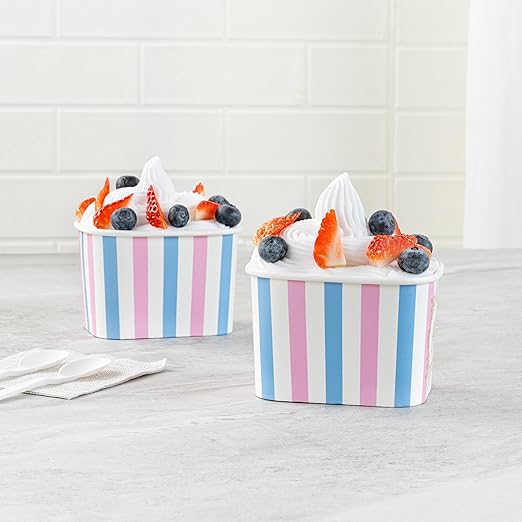 Restaurantware Paper Cups 50 Count 12 Ounce Square Disposable Ice Cream Containers, Leak-Resistant Paper Dessert To Go Cups, Hot And Cold Food, Durable Pink And Blue Stripe Design