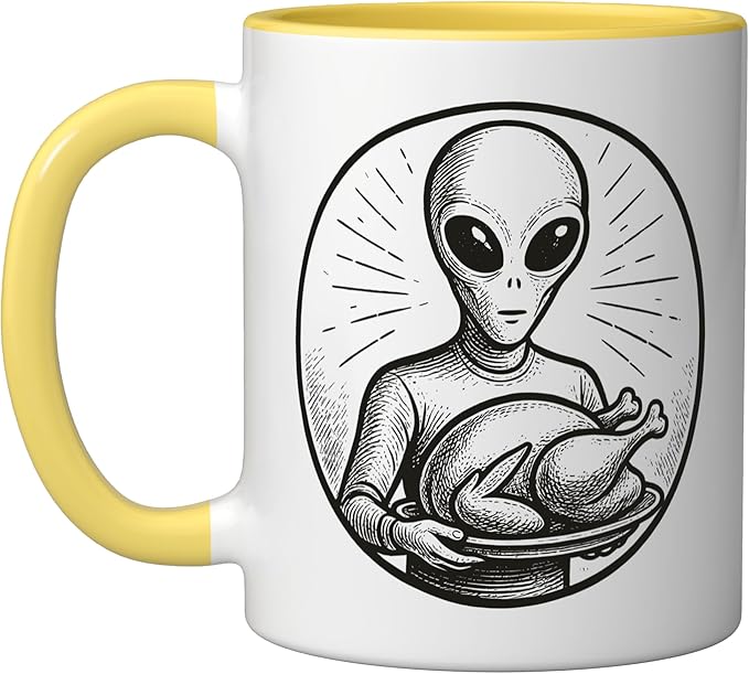 Alien with Thanksgiving Turkey Ceramic Mug, Yellow/White