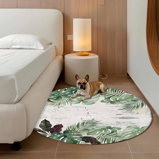 Washable Round Area Rug Summer Green Monstera Palm Leaves Circle Rugs Floor Carpet for Living Room Bedroom, Vintage Botantical Soft Non Slip Round Rug 3ft