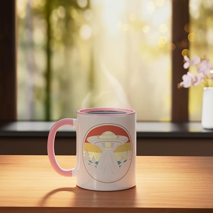 Ufo Alien Vintage Retro Ceramic Mug, Pink/White